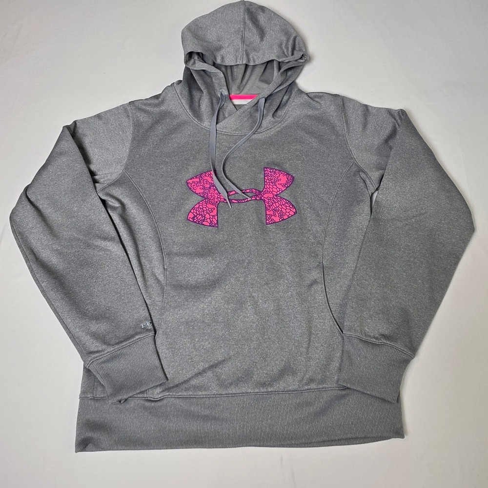 Under Armour Sweatshirt Womens Medium Gray with Pink Logo Hoodie ColdGear‎ Storm